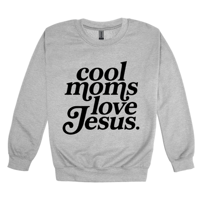 Cool Moms Love Jesus - Black Design design on a Sport Gray adult crewneck sweatshirt, front view.