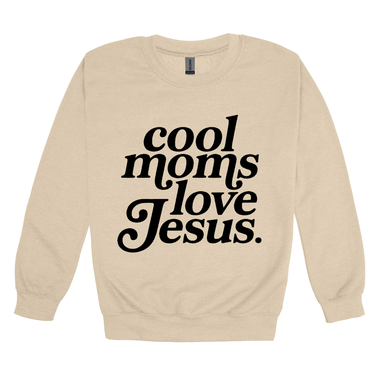 Cool Moms Love Jesus - Black Design design on a Sand adult crewneck sweatshirt, front view.