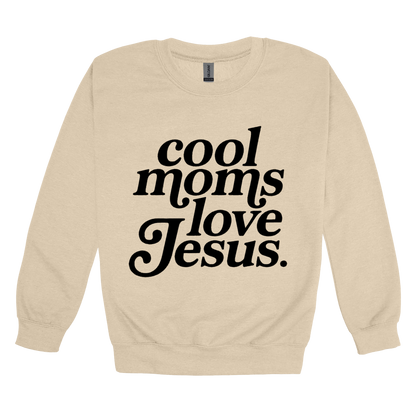 Cool Moms Love Jesus - Black Design design on a Sand adult crewneck sweatshirt, front view.