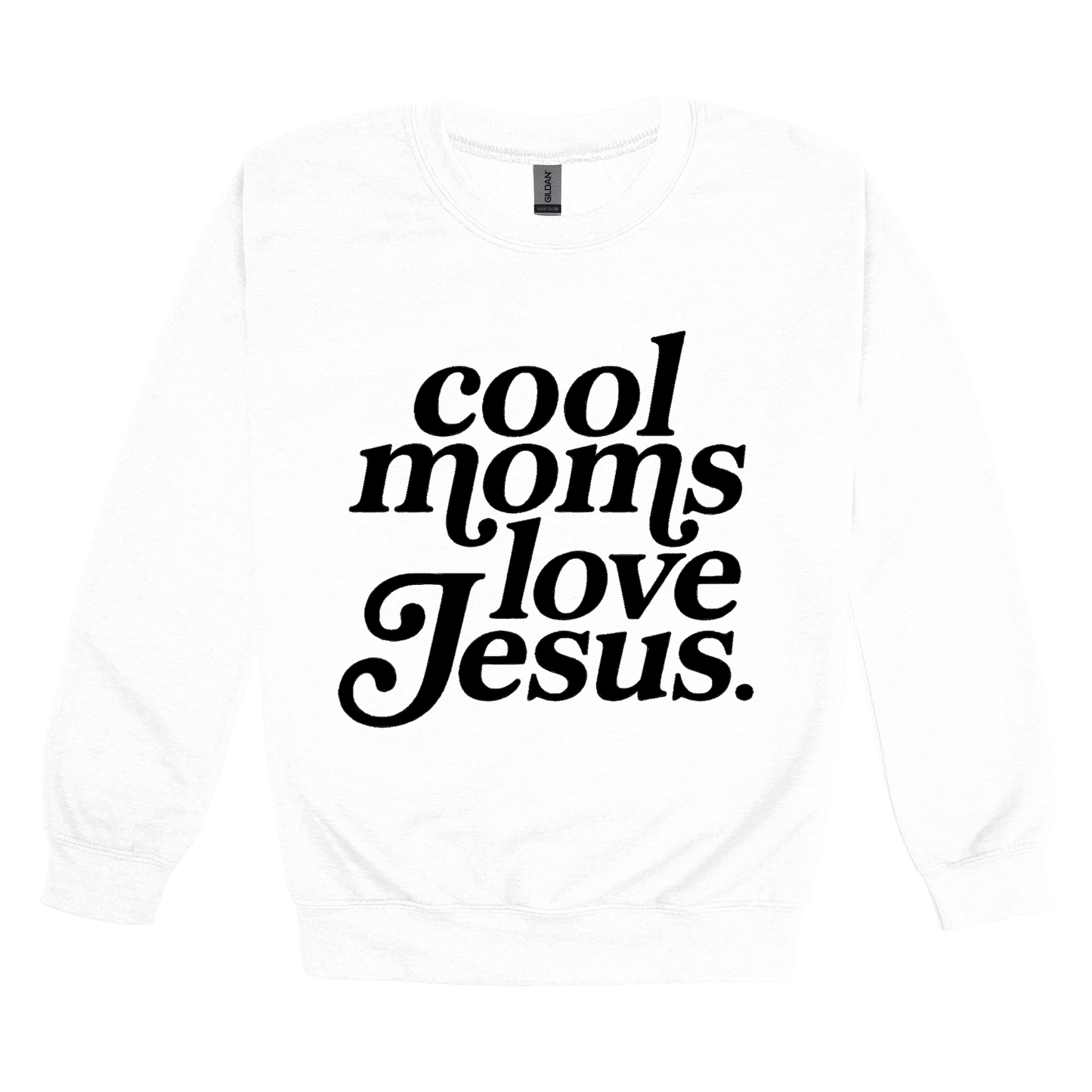 Cool Moms Love Jesus - Black Design design on a White adult crewneck sweatshirt, front view.
