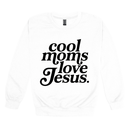 Cool Moms Love Jesus - Black Design design on a White adult crewneck sweatshirt, front view.