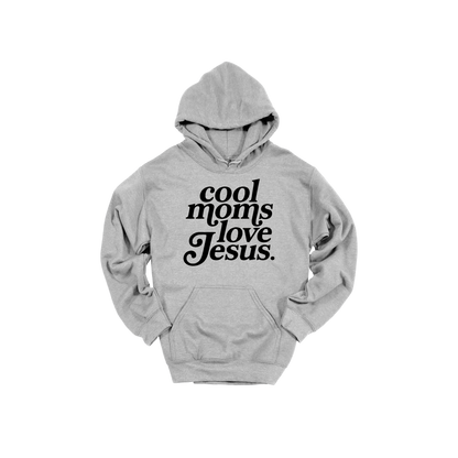Cool Moms Love Jesus - Black Design design on a Sport Gray adult hoodie, front view.