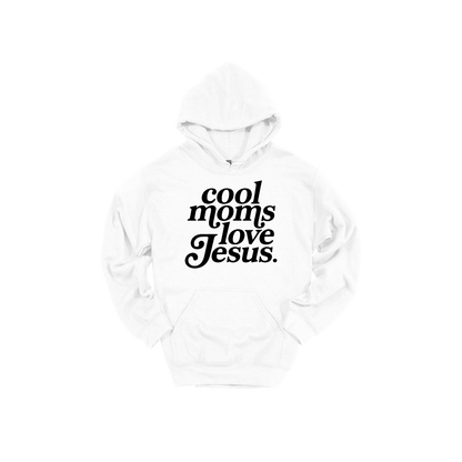Cool Moms Love Jesus - Black Design design on a White adult hoodie, front view.