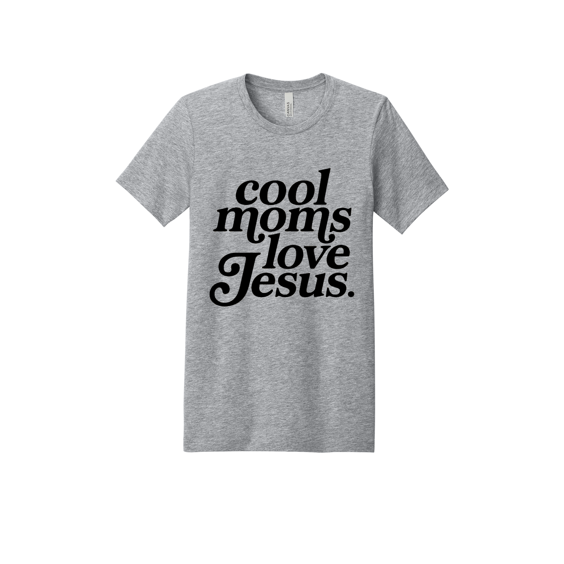 Cool Moms Love Jesus - Black Design design on a Heather Athletic Gray adult T-shirt, front view.