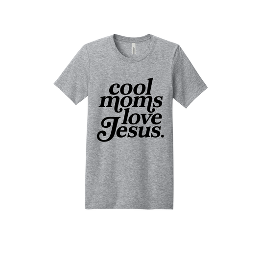 Cool Moms Love Jesus - Black Design design on a Heather Athletic Gray adult T-shirt, front view.