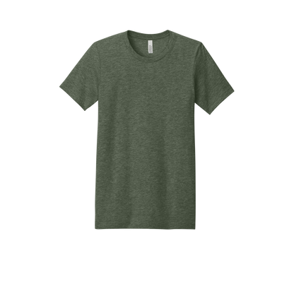 Custom youth Bella + Canvas heathered T-shirt in Heather Military Green, front view