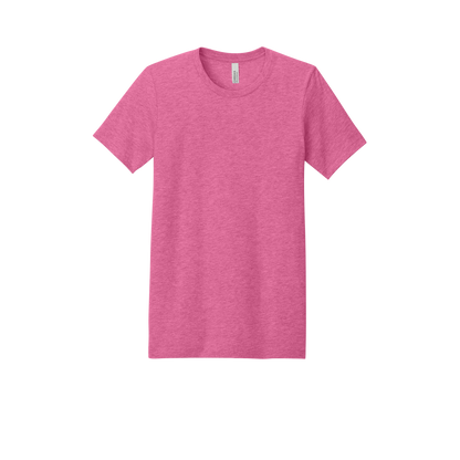 Custom adult Bella + Canvas heathered T-shirt in Heather Charity Pink, front view