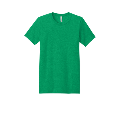 Custom adult Bella + Canvas heathered T-shirt in Heather Kelly Green, front view