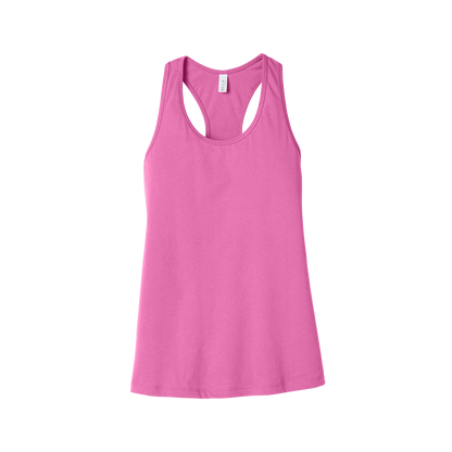 Custom women's Bella + Canvas jersey racerback tank in Charity Pink, front view