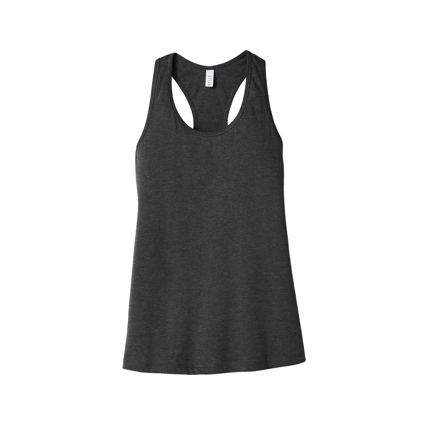 Custom women's Bella + Canvas jersey racerback tank in Heather Dark Gray, front view