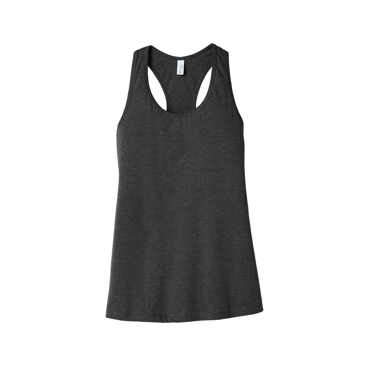 Custom women's Bella + Canvas jersey racerback tank in Heather Dark Gray, front view