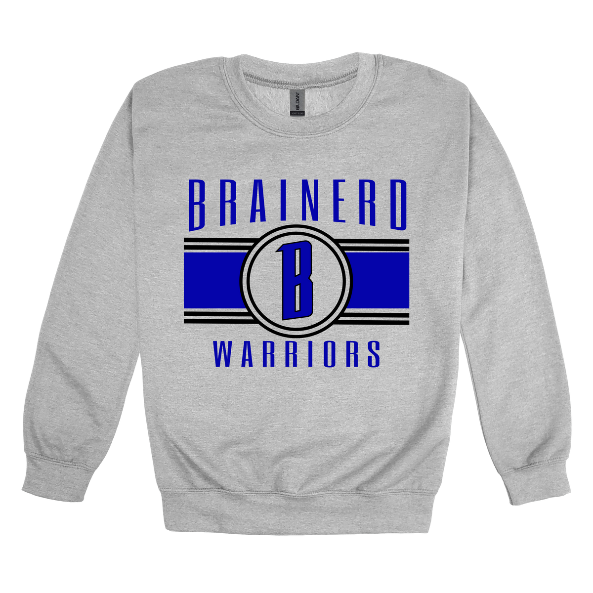 Brainerd Warriors Blue & Black Apparel - blue and black design on a Gray adult crewneck, front view.