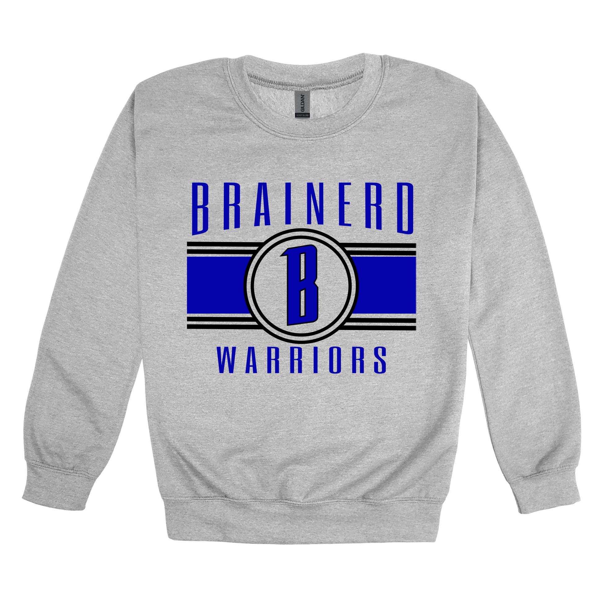 Brainerd Warriors Blue & Black Apparel - blue and black design on a Gray adult crewneck, front view.