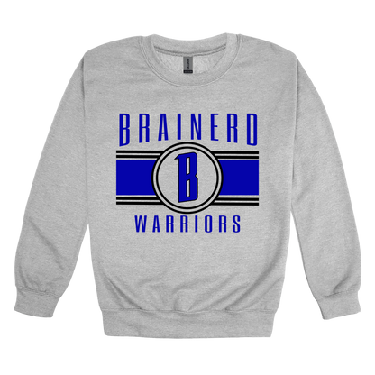 Brainerd Warriors Blue & Black Apparel - blue and black design on a Gray adult crewneck, front view.