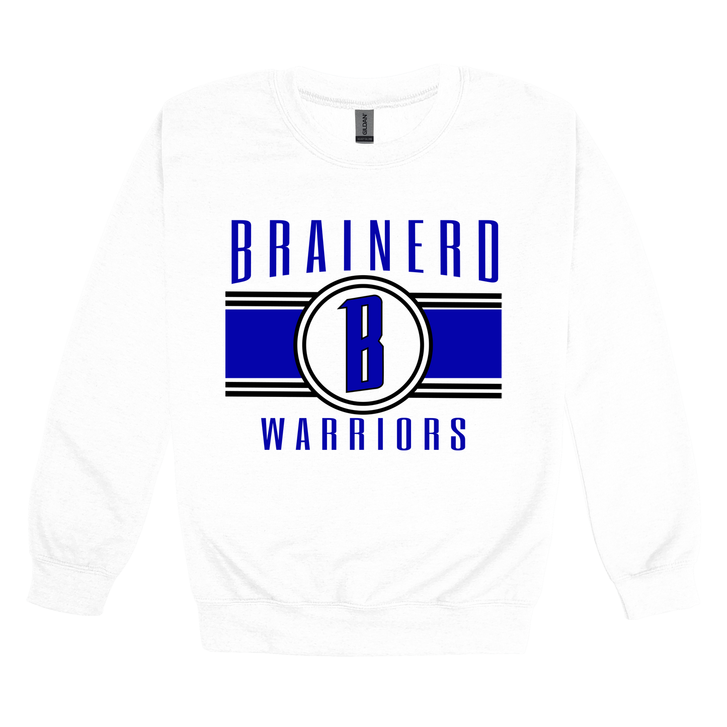 Brainerd Warriors Blue & Black Apparel - blue and black design on a White adult crewneck, front view.