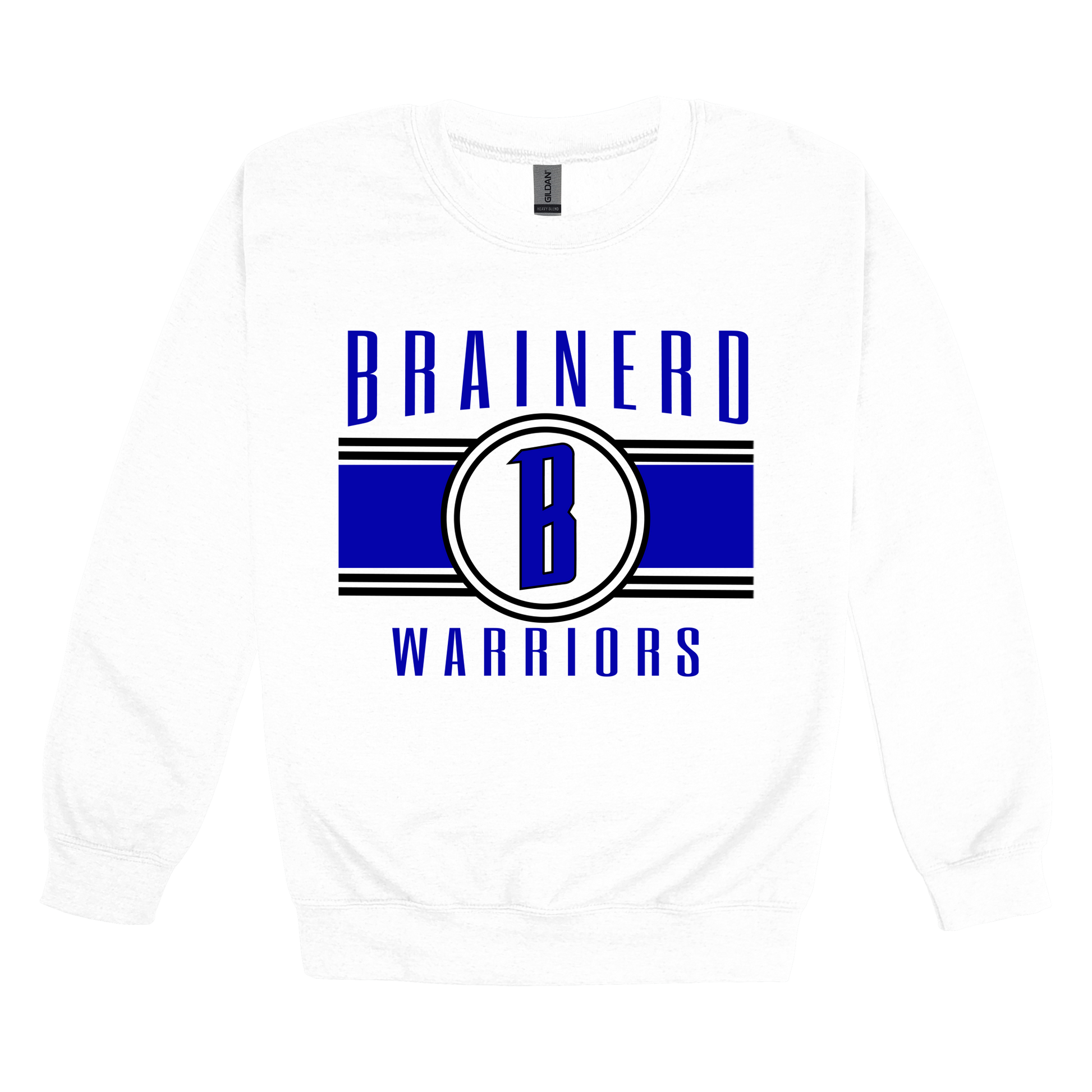 Brainerd Warriors Blue & Black Apparel - blue and black design on a White adult crewneck, front view.