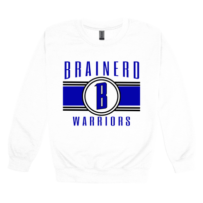 Brainerd Warriors Blue & Black Apparel - blue and black design on a White adult crewneck, front view.
