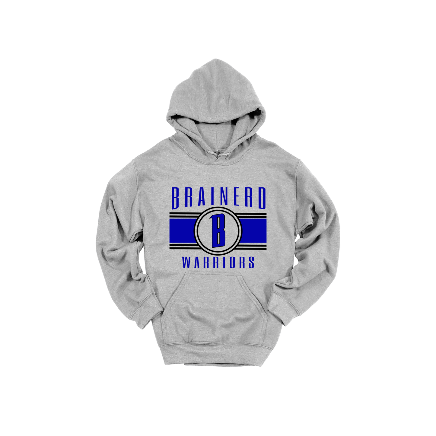 Brainerd Warriors Blue & Black Apparel - blue and black design on a Gray adult hoodie, front view.