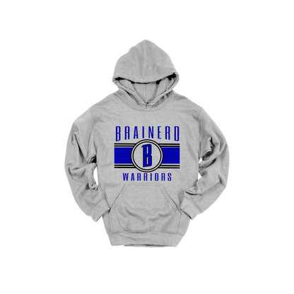Brainerd Warriors Blue & Black Apparel - blue and black design on a Gray adult hoodie, front view.