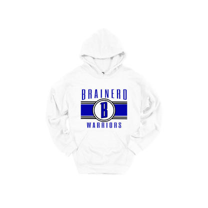 Brainerd Warriors Blue & Black Apparel - blue and black design on a White adult hoodie, front view.