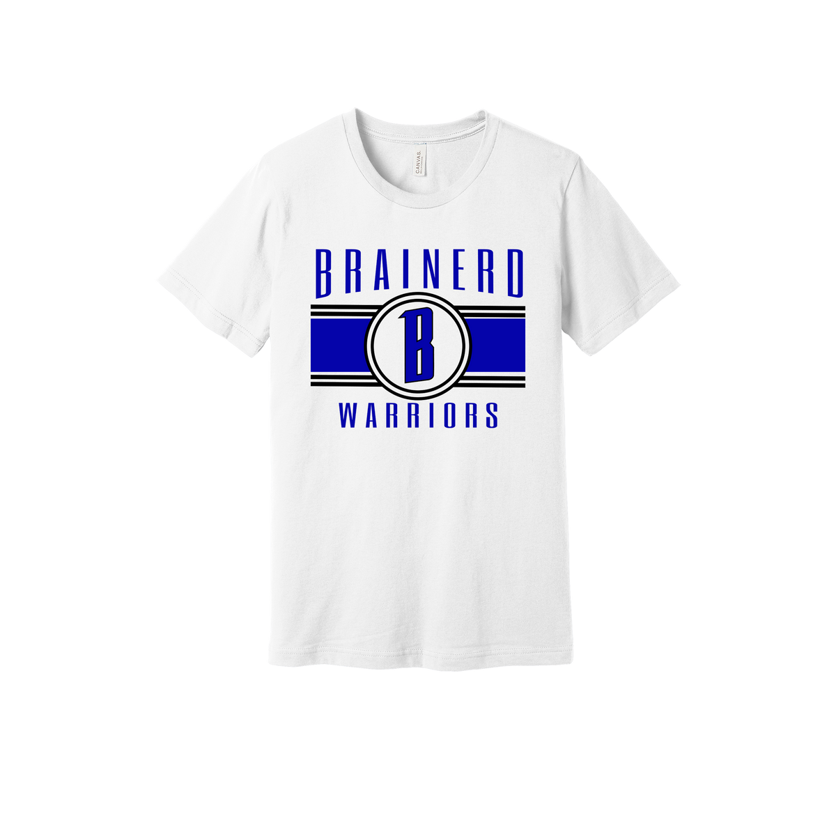 Brainerd Warriors Blue & Black Apparel - blue and black design on a White adult T-shirt, front view.
