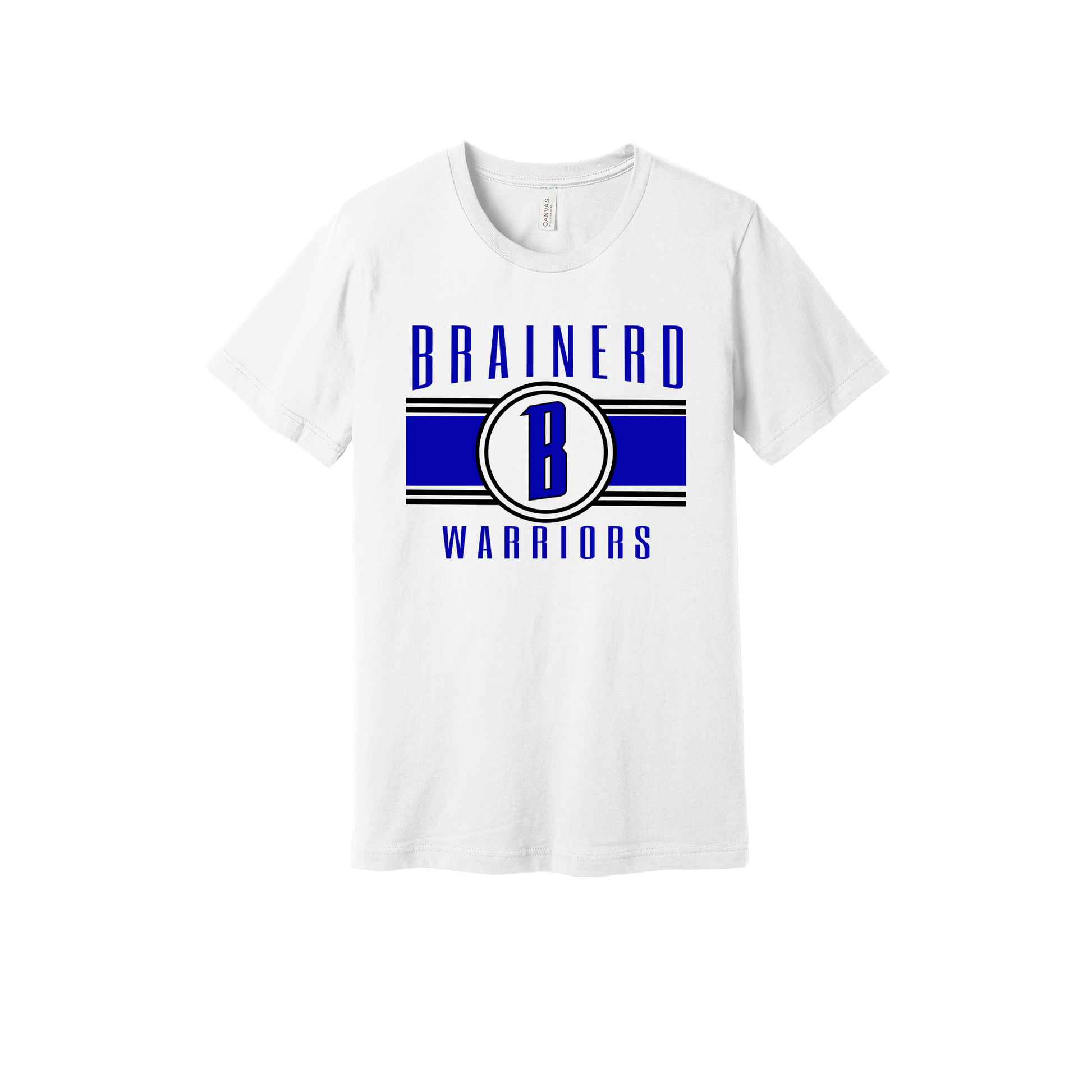 Brainerd Warriors Blue & Black Apparel - blue and black design on a White adult T-shirt, front view.
