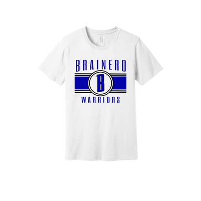 Brainerd Warriors Blue & Black Apparel - blue and black design on a White adult T-shirt, front view.