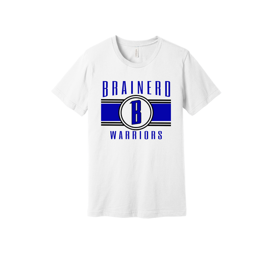 Brainerd Warriors Blue & Black Apparel - blue and black design on a White adult T-shirt, front view.
