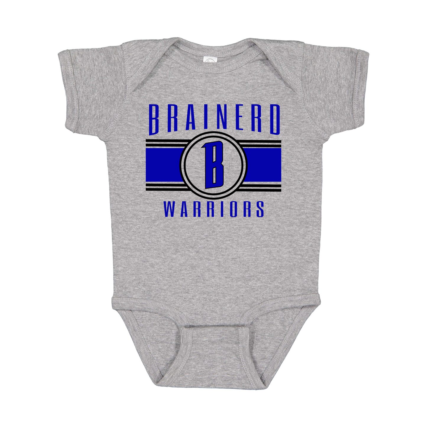 Brainerd Warriors Blue & Black Apparel - blue and black design on a Gray infant onesie, front view.