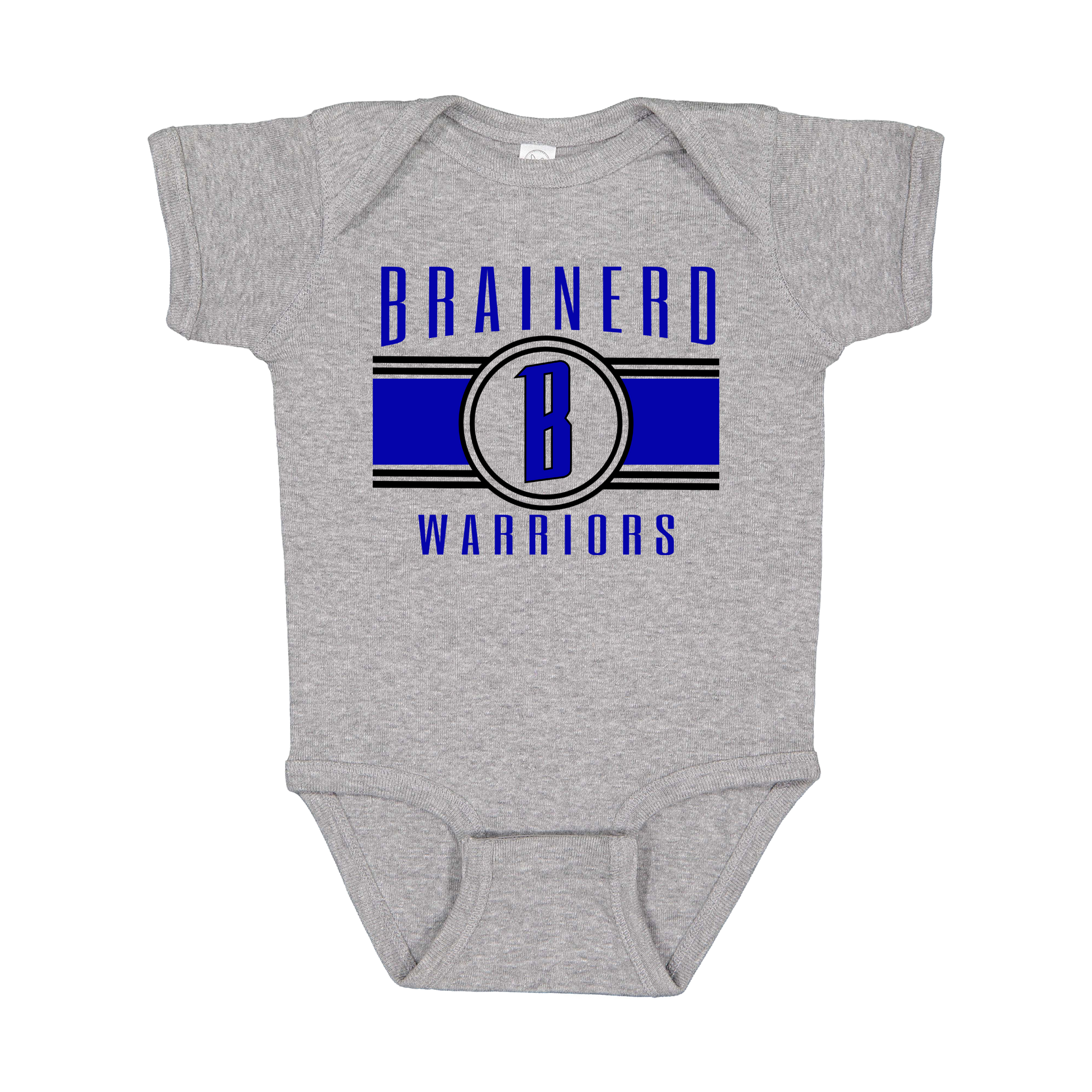 Brainerd Warriors Blue & Black Apparel - blue and black design on a Gray infant onesie, front view.