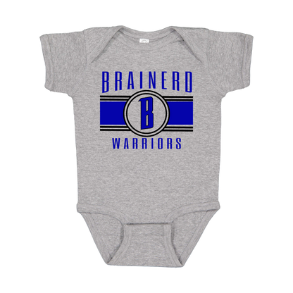 Brainerd Warriors Blue & Black Apparel - blue and black design on a Gray infant onesie, front view.