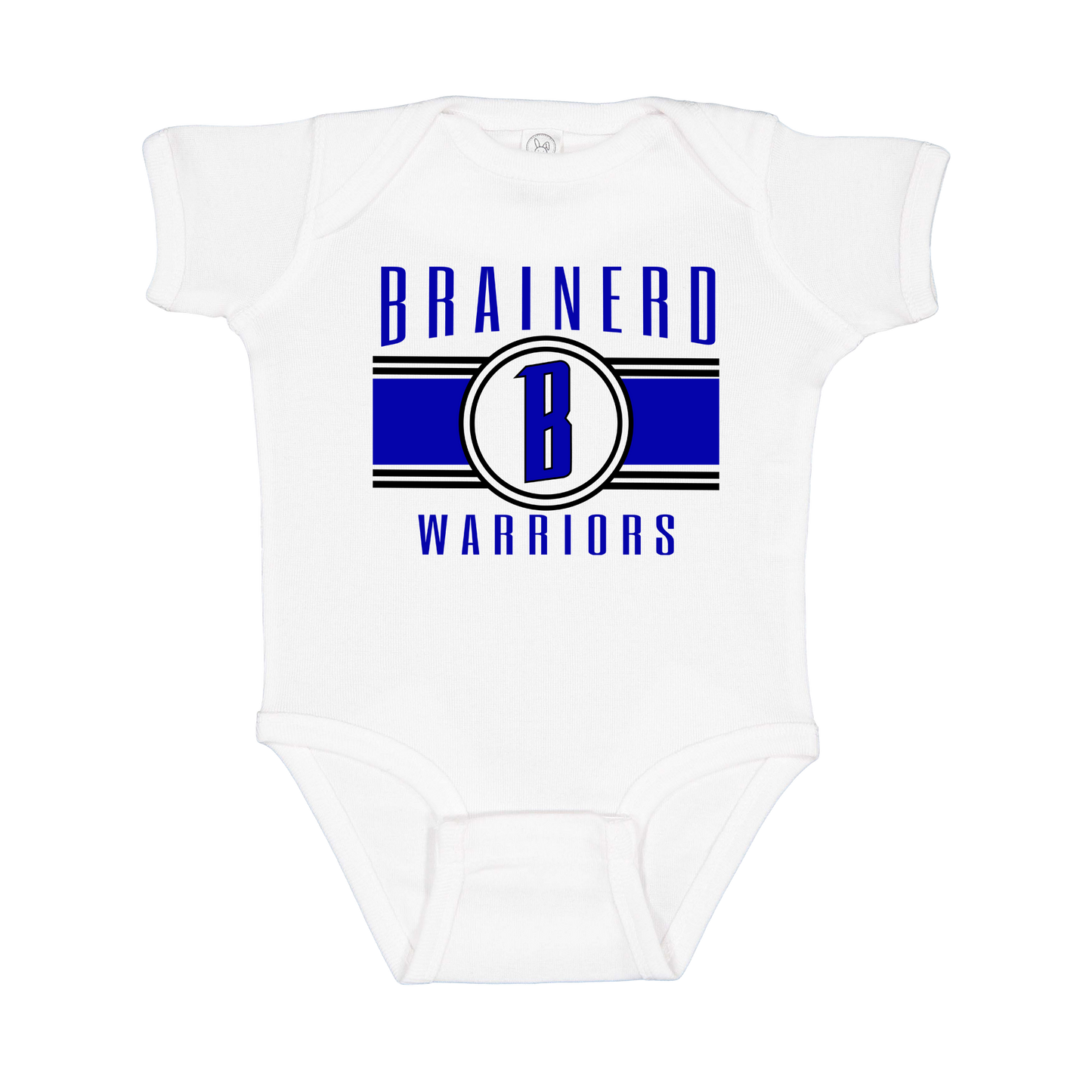 Brainerd Warriors Blue & Black Apparel - blue and black design on a White infant onesie, front view.