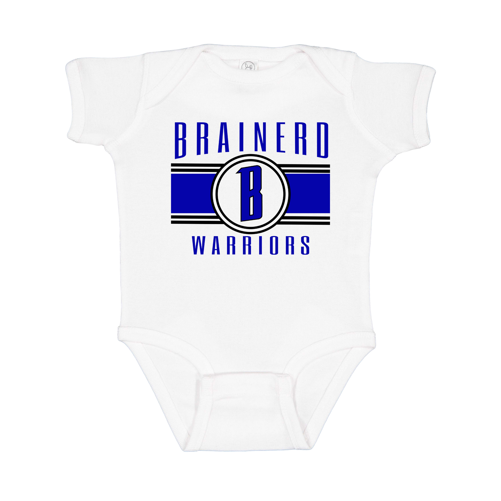 Brainerd Warriors Blue & Black Apparel - blue and black design on a White infant onesie, front view.