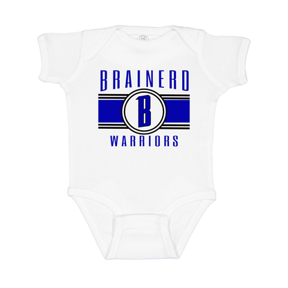 Brainerd Warriors Blue & Black Apparel - blue and black design on a White infant onesie, front view.