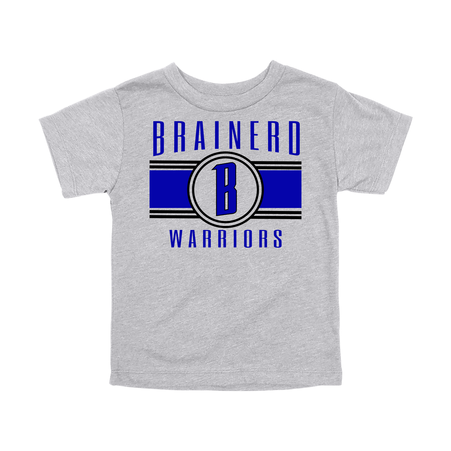 Brainerd Warriors Blue & Black Apparel - blue and black design on a Gray toddler T-shirt, front view.