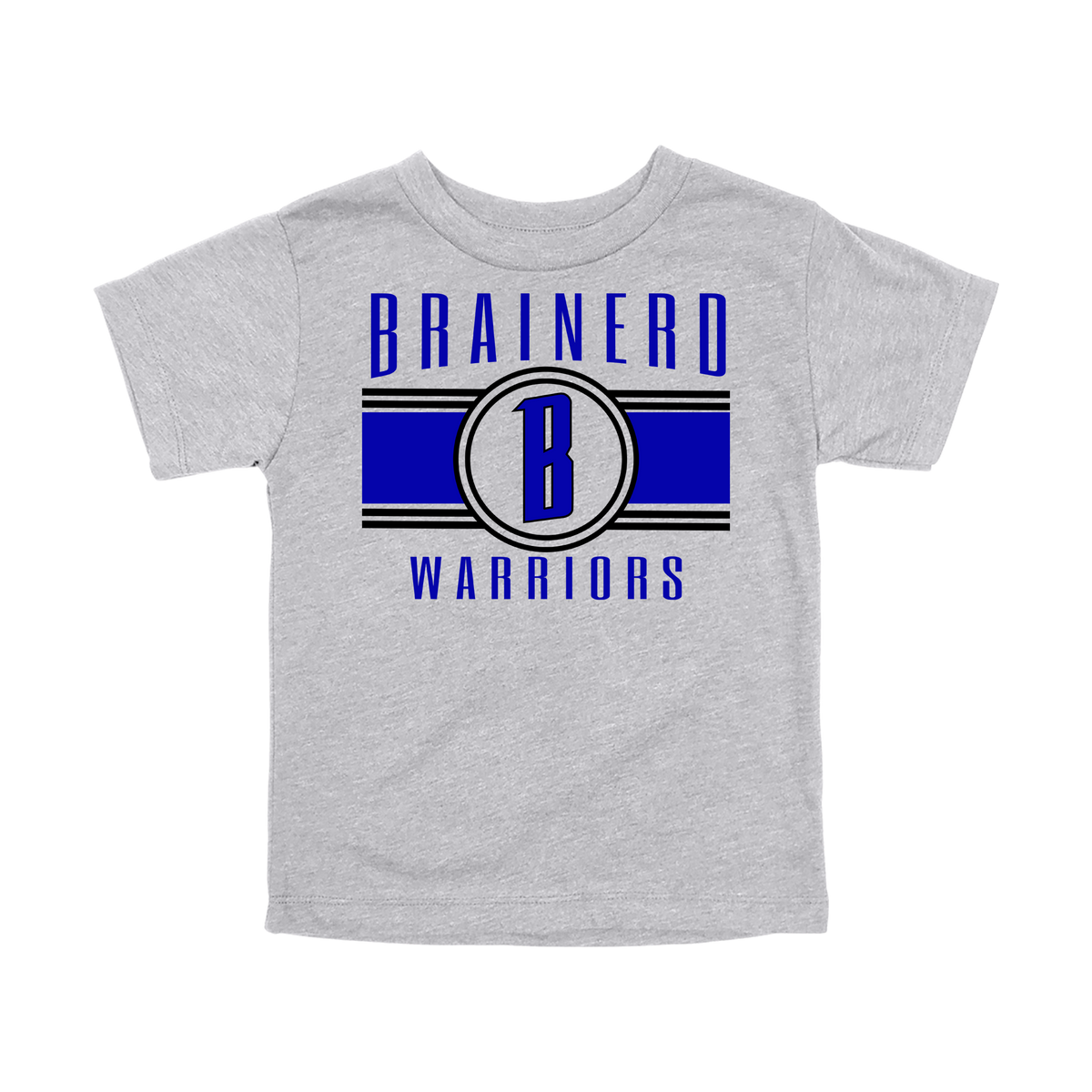 Brainerd Warriors Blue & Black Apparel - blue and black design on a Gray toddler T-shirt, front view.