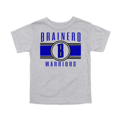 Brainerd Warriors Blue & Black Apparel - blue and black design on a Gray toddler T-shirt, front view.