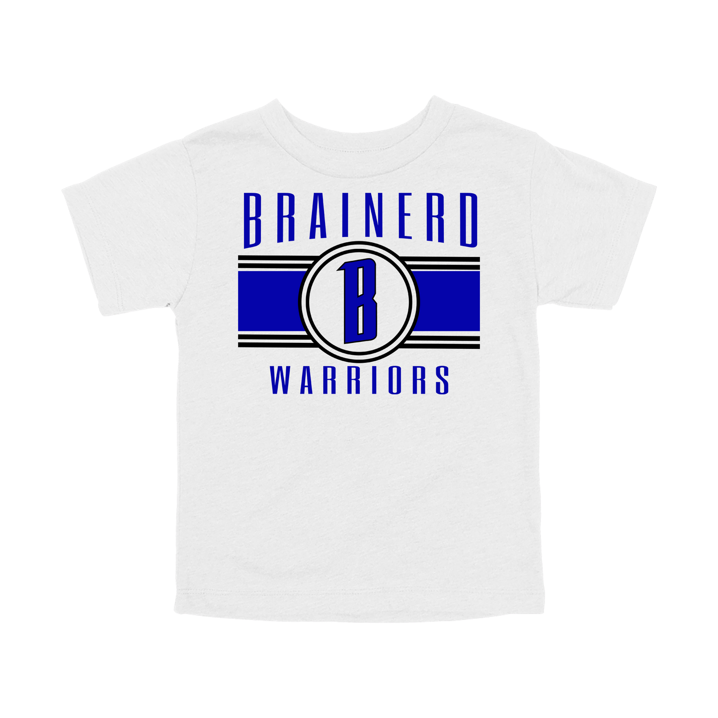 Brainerd Warriors Blue & Black Apparel - blue and black design on a White toddler T-shirt, front view.