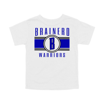 Brainerd Warriors Blue & Black Apparel - blue and black design on a White toddler T-shirt, front view.