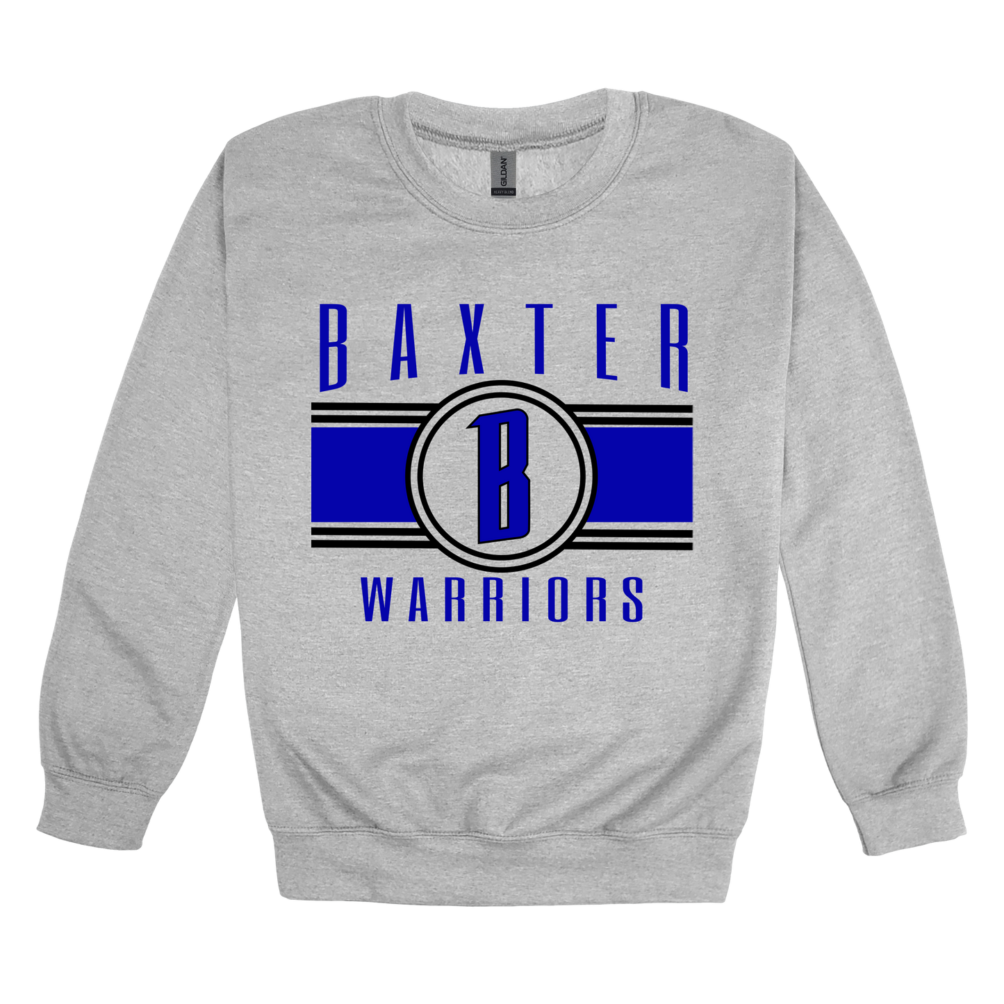 Baxter Warriors Blue & Black Apparel - blue and black design on a Gray adult crewneck, front view.