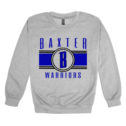 Baxter Warriors Blue & Black Apparel - blue and black design on a Gray adult crewneck, front view.