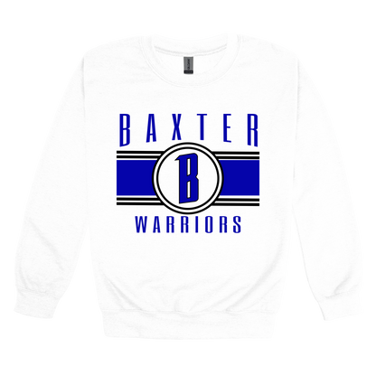 Baxter Warriors Blue & Black Apparel - blue and black design on a White adult crewneck, front view.