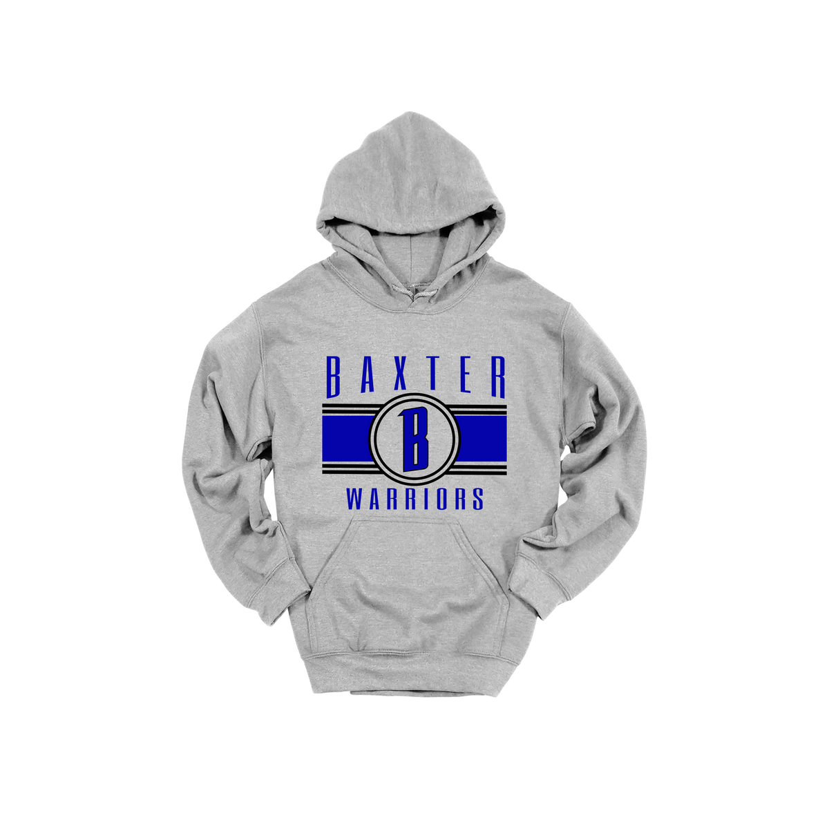 Baxter Warriors Blue & Black Apparel - blue and black design on a Gray adult hoodie, front view.