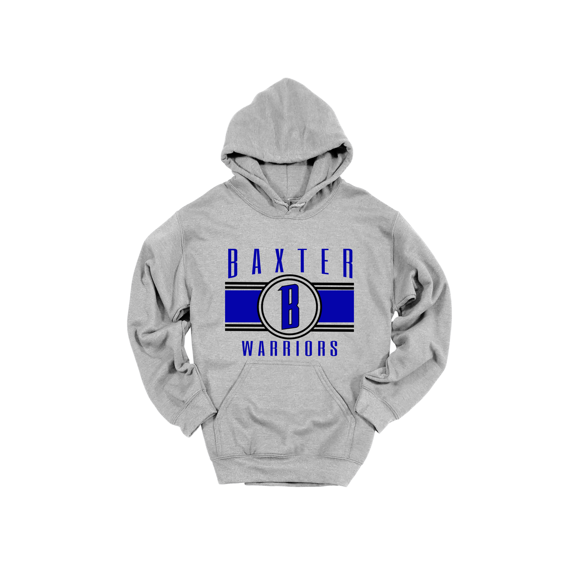 Baxter Warriors Blue & Black Apparel - blue and black design on a Gray adult hoodie, front view.