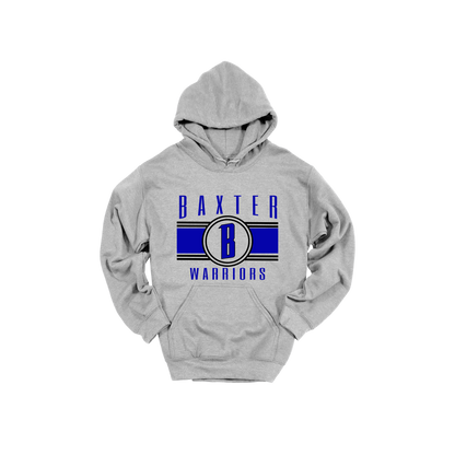 Baxter Warriors Blue & Black Apparel - blue and black design on a Gray adult hoodie, front view.