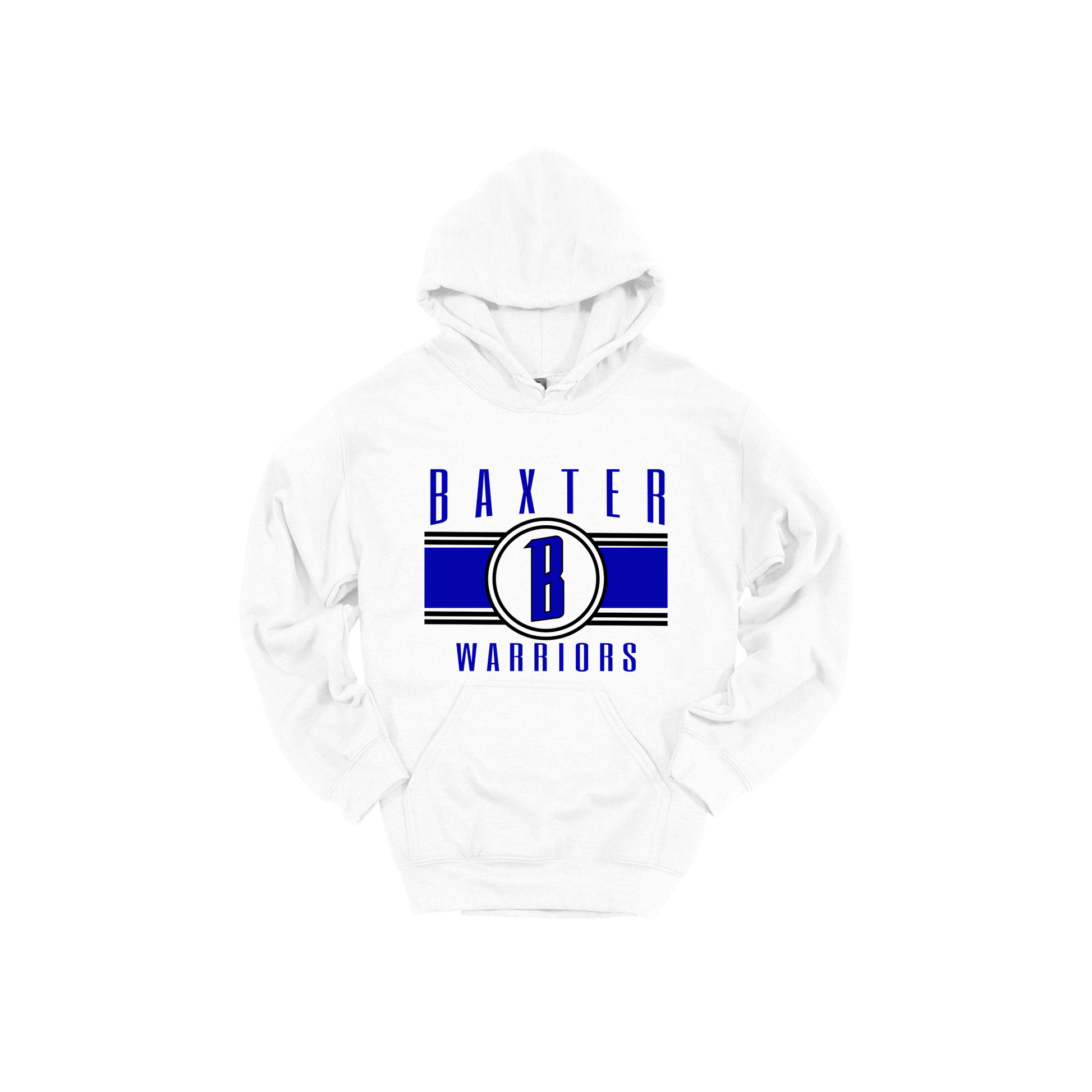 Baxter Warriors Blue & Black Apparel - blue and black design on a White adult hoodie, front view.