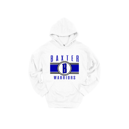 Baxter Warriors Blue & Black Apparel - blue and black design on a White adult hoodie, front view.