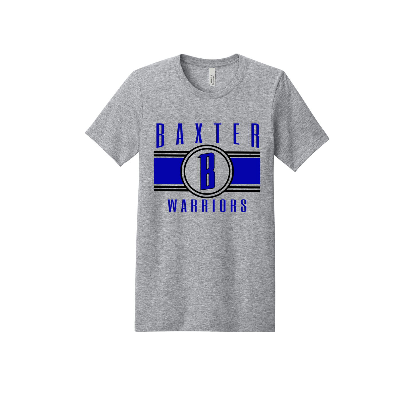 Baxter Warriors Blue & Black Apparel - blue and black design on a Gray adult T-shirt, front view.