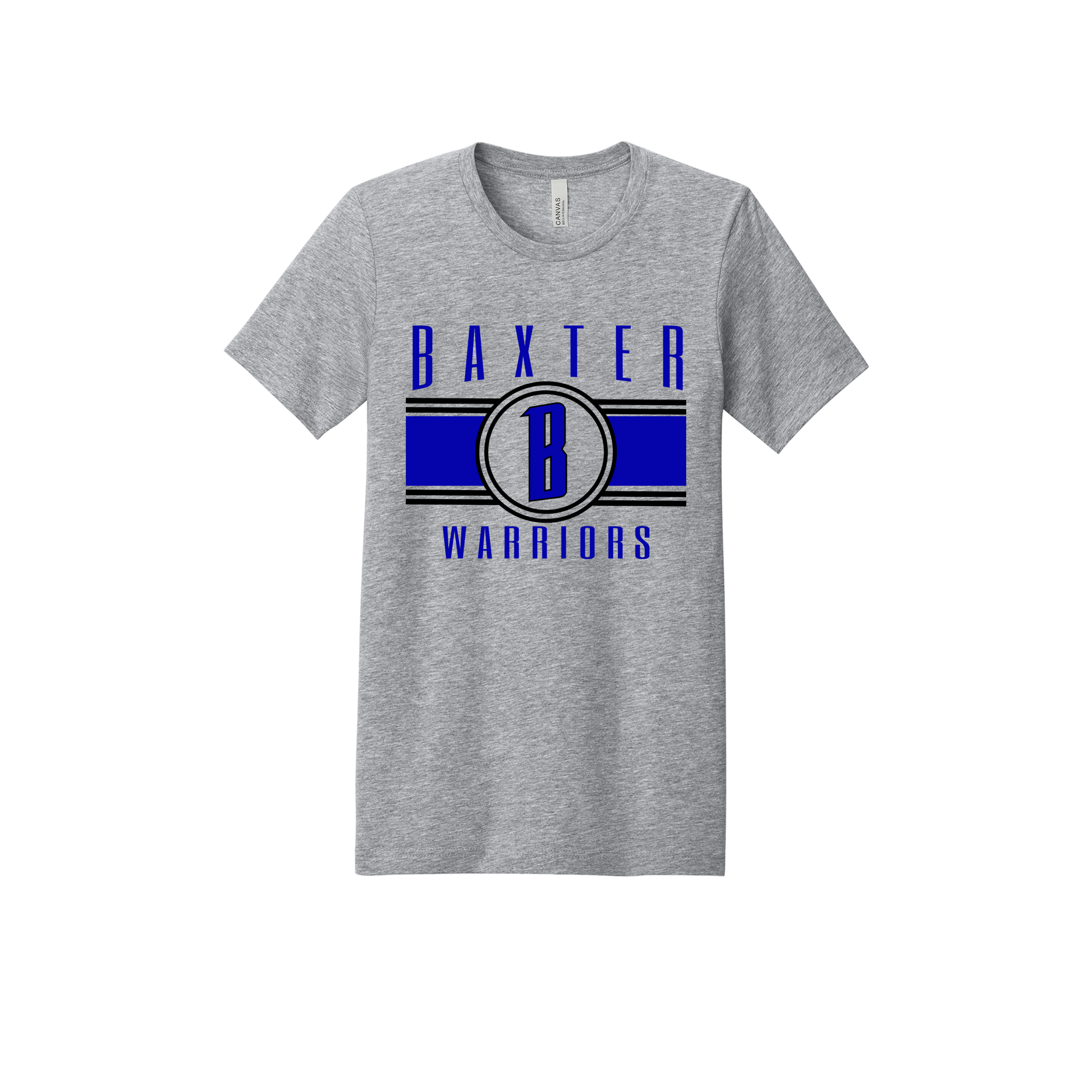 Baxter Warriors Blue & Black Apparel - blue and black design on a Gray adult T-shirt, front view.