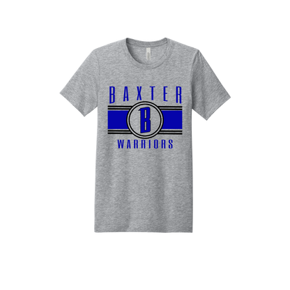 Baxter Warriors Blue & Black Apparel - blue and black design on a Gray adult T-shirt, front view.